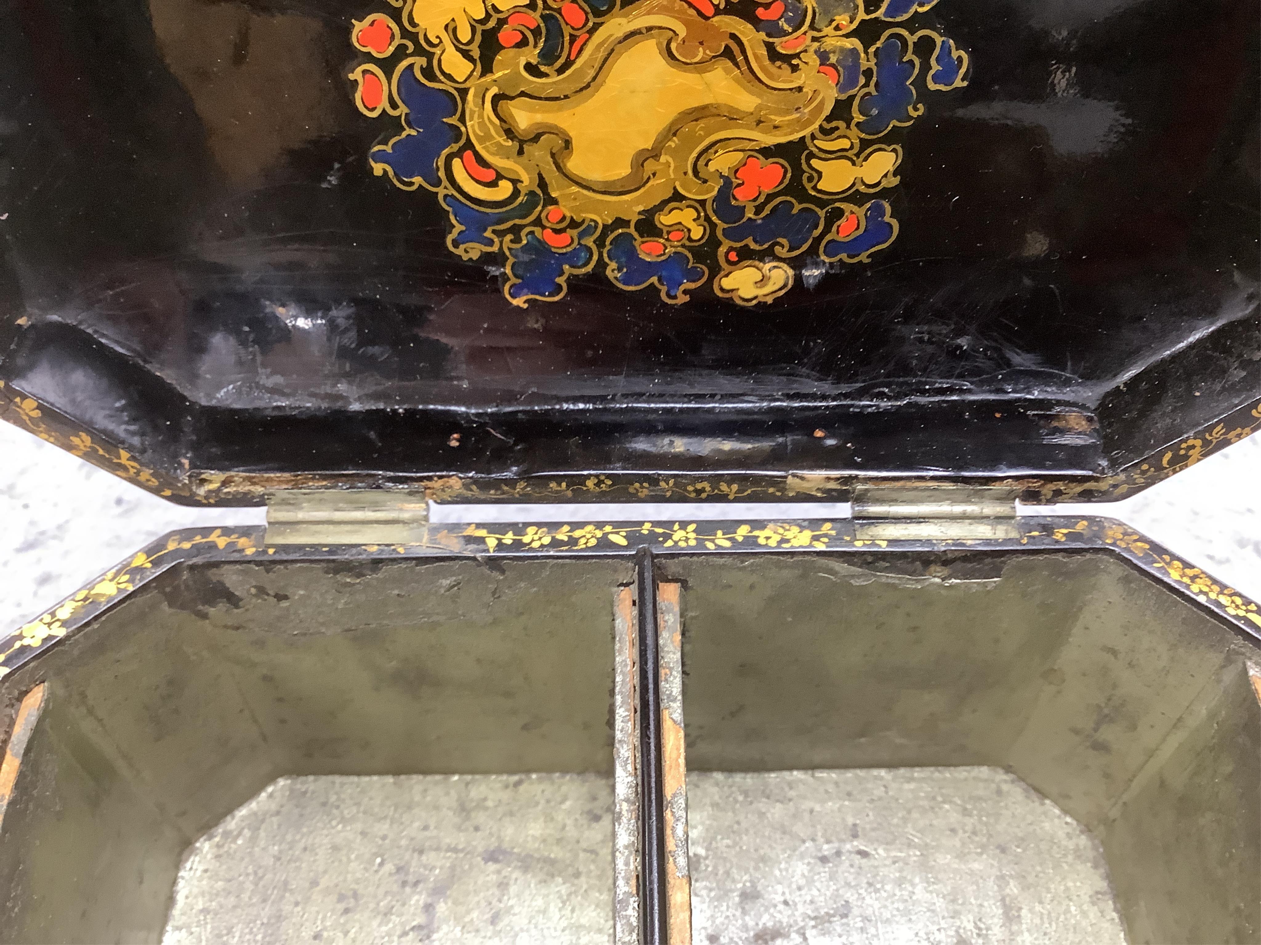 A Victorian Jennens & Bettridge papier mache tea caddy, stamped mark, 20cm wide. CITES Submission reference MB3GJPPY. Condition - fair to good (repaired hinge area)